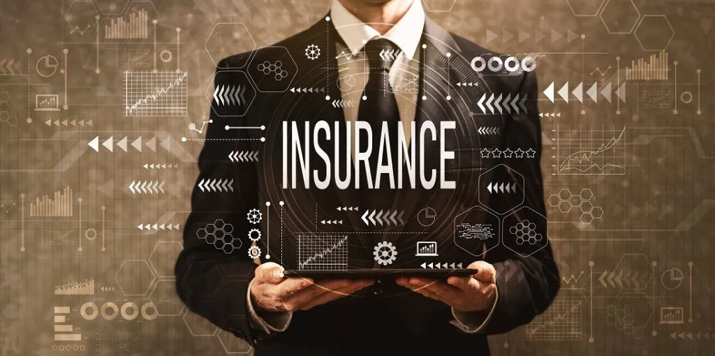 Professional insurance consultant with digital technology overlay showing modern insurance solutions
